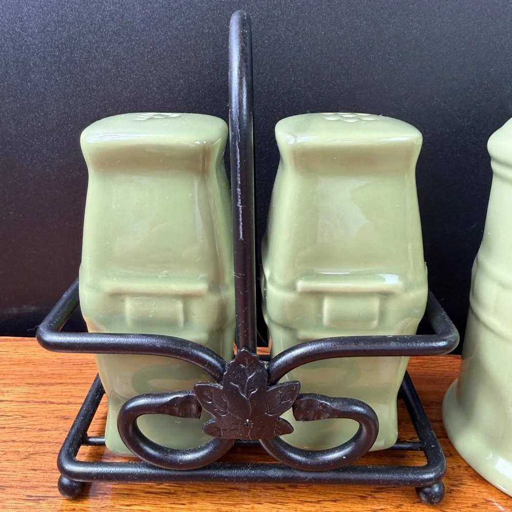 Longaberger Salt Pepper Shakers 2 Sets Sage Green Woven Ceramic Iron Caddy